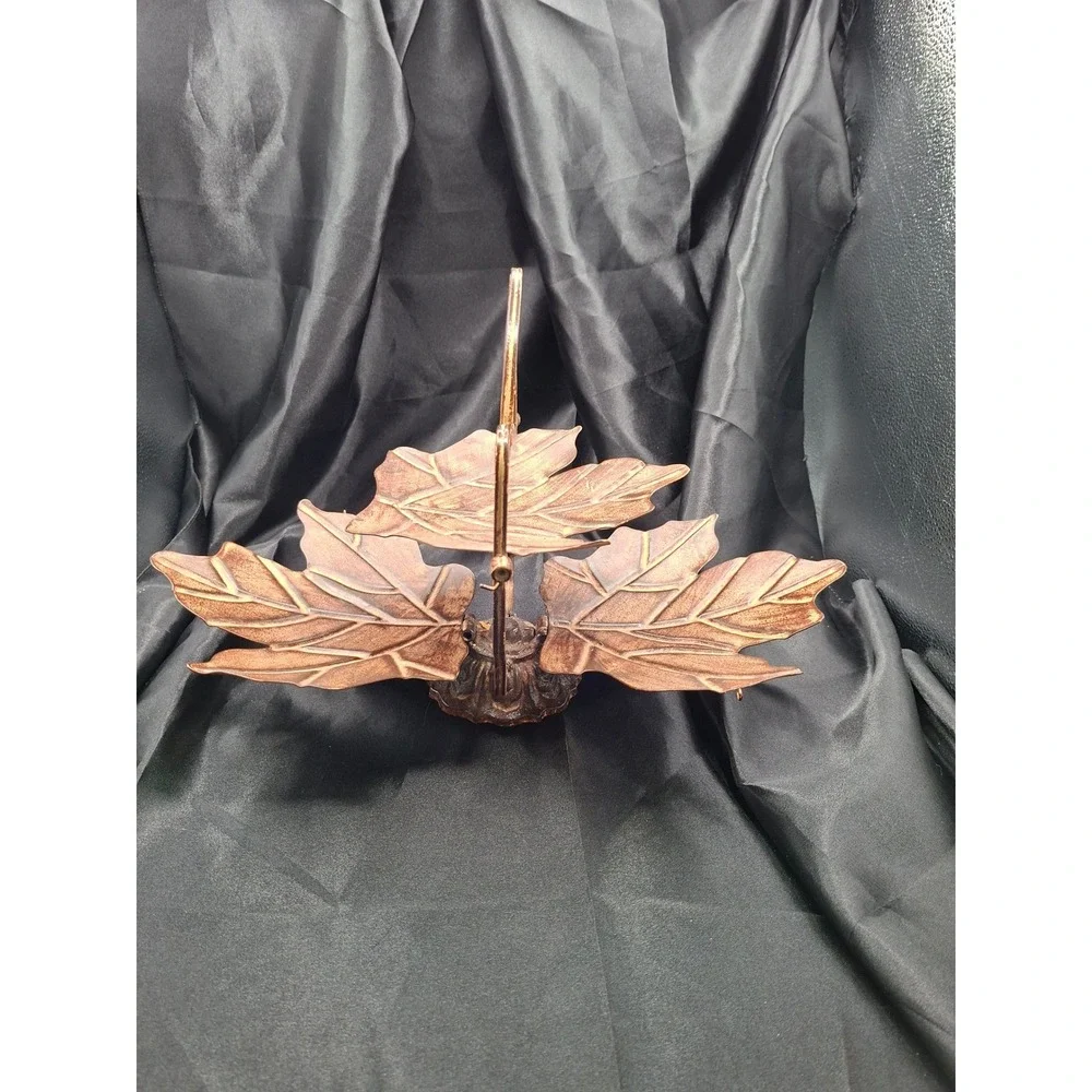 Vintage Copper Tone Folding Metal Maple Leaf Tiered Serving Tray Stand Decor